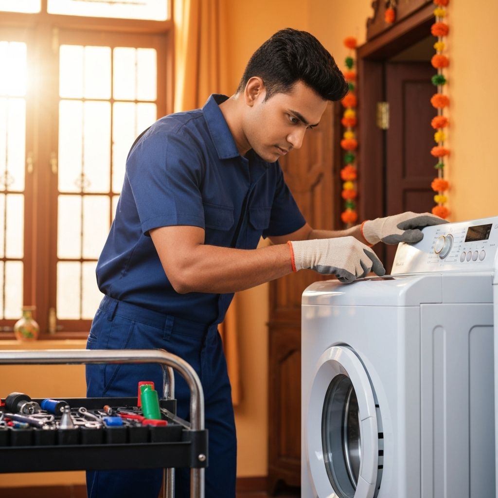Technician repairing washing machine at customer home